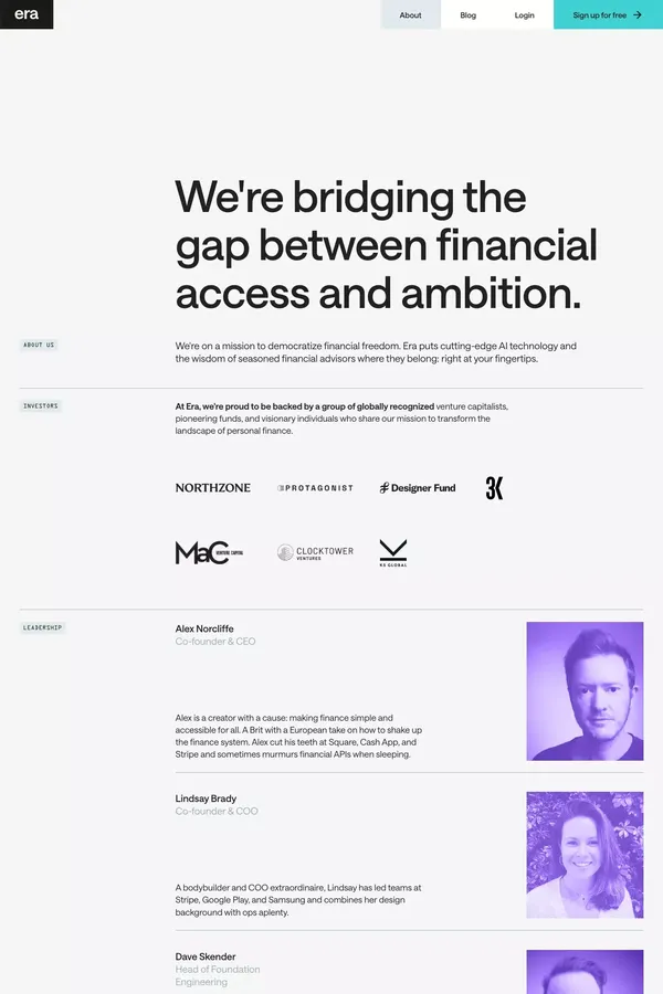 AI to make more of your money | Era - About Us  design inspiration