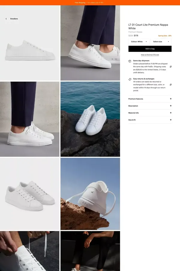 LT 01 Court Lite Premium Nappa White - ETQ Amsterdam - Product page design inspiration