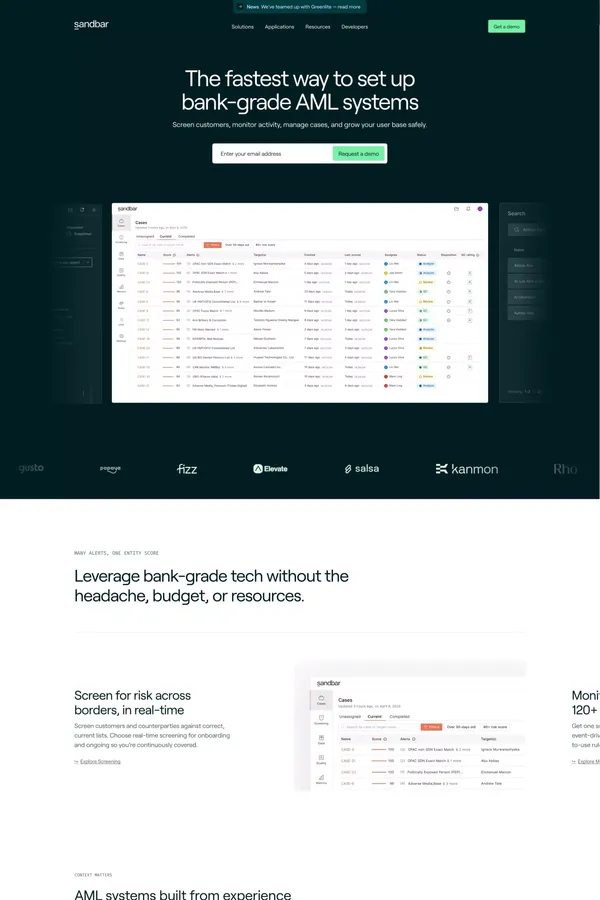 Sandbar | Modular anti-money laundering (AML) software - Landing design inspiration