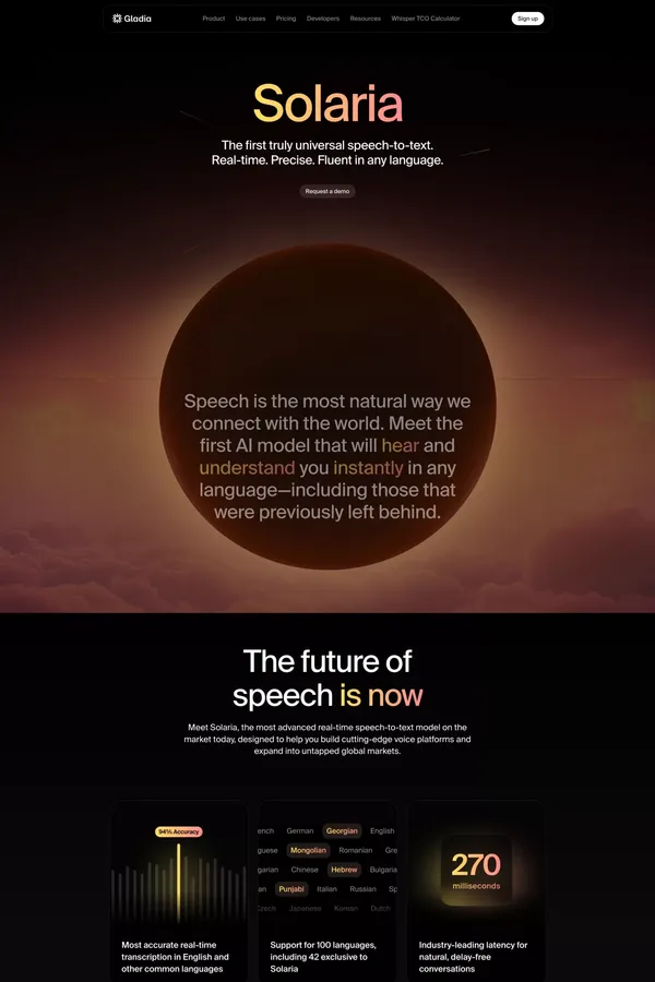 Solaria I The first truly universal speech-to-text model - Landing design inspiration