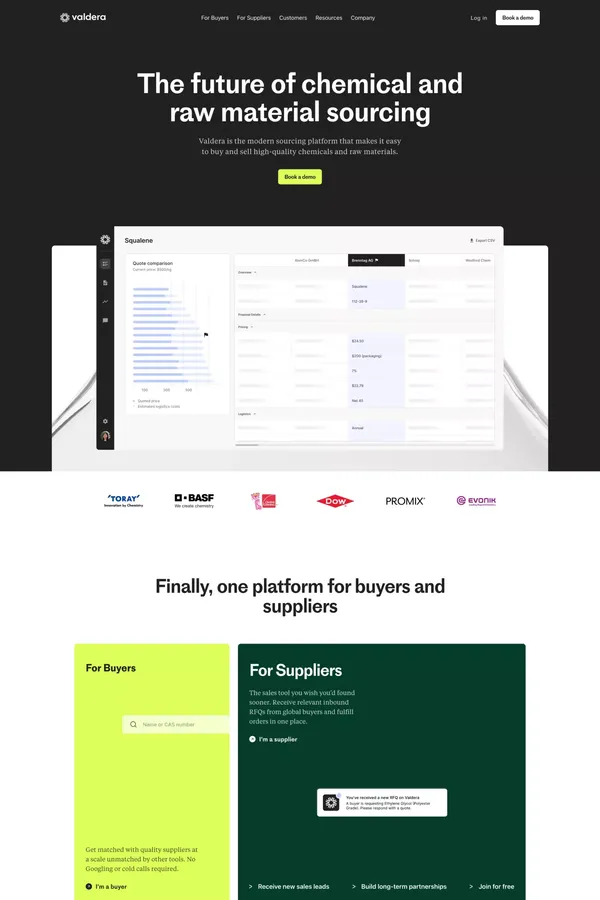 Valdera | The digital sourcing platform for chemicals and raw materials - Landing design inspiration