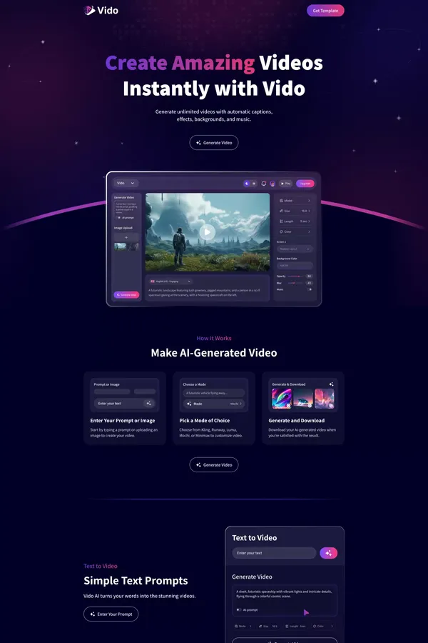 Vido - AI Video Generator Landing Page
