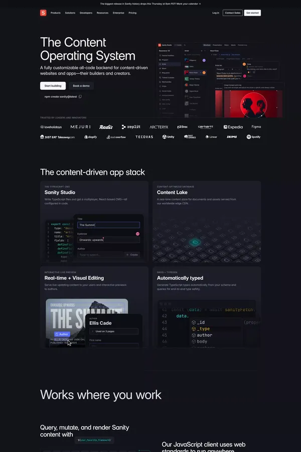 The Content Operating System | Sanity - Landing design inspiration