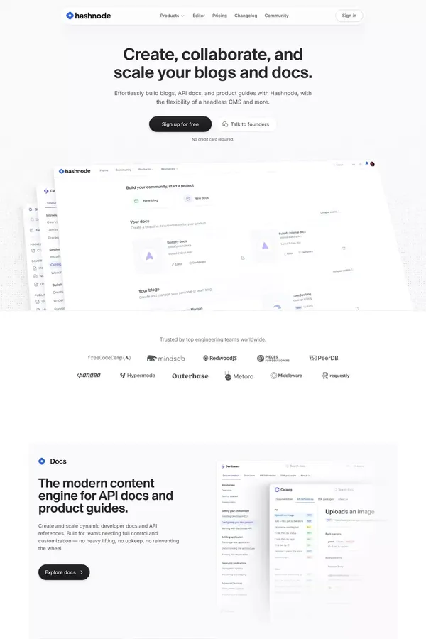 Hashnode — Build blogs and API docs for developers and teams. - Landing design inspiration