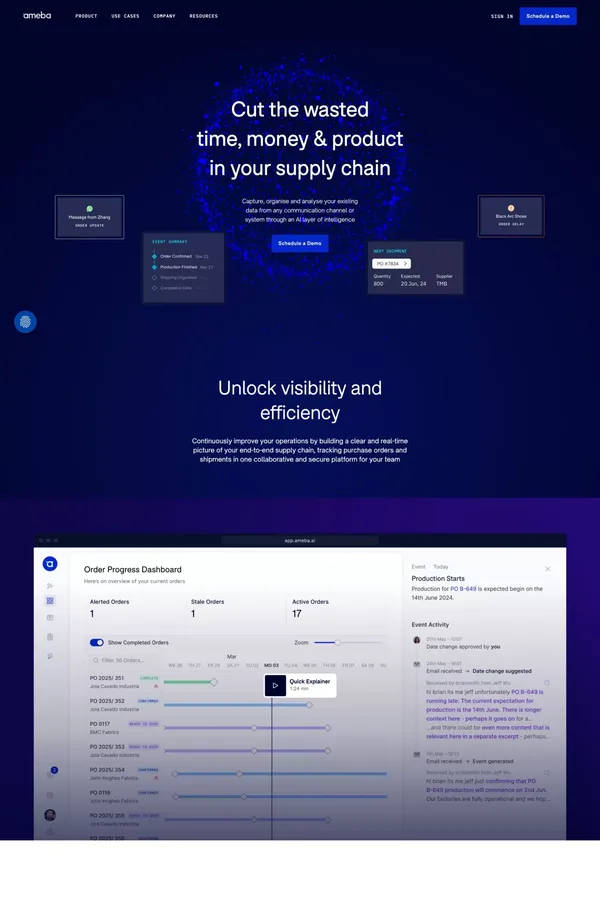 Ameba: Cut the wasted time, money and product in your supply chain - Landing design inspiration