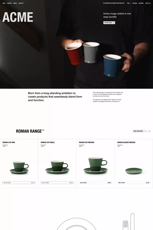 Acme Cups | Coffee Cups, Mugs & Flatware - Ecommerce design inspiration