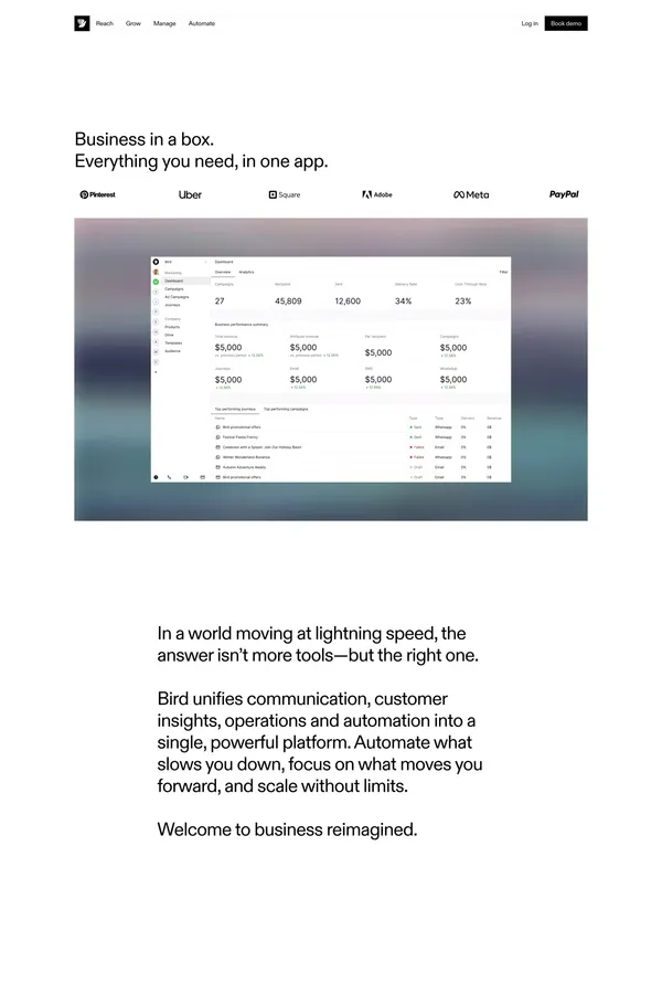 Bird | Vereinheitlichtes CRM fÃ¼r Marketing, Service & Payments - Landing design inspiration