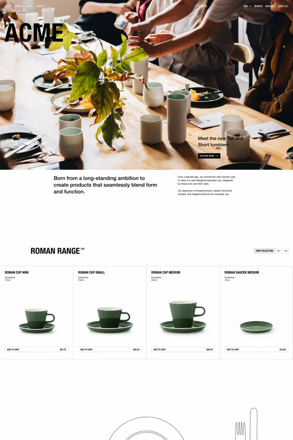 Acme Cups | Coffee Cups, Mugs & Flatware - Ecommerce design inspiration