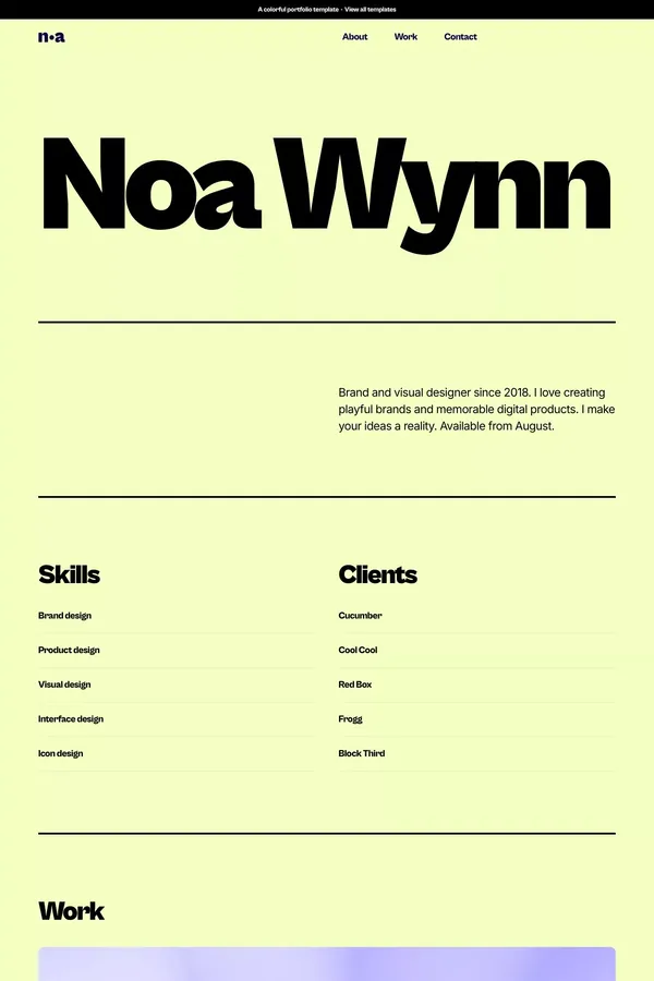 Noa Wynn - Portfolio Template for Framer - Template design inspiration