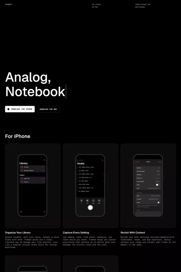 Frames - Analog Photography Notebook & Film Metadata - Landing design inspiration