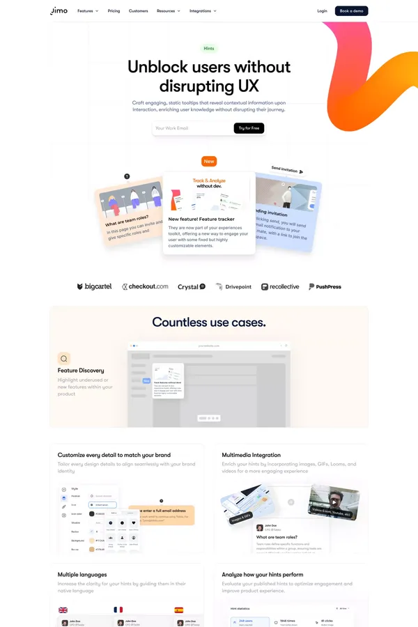 Enhance User Guidance with Jimo Hints - Landing design inspiration