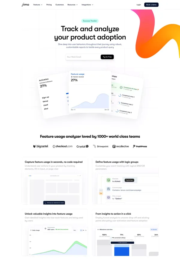 Analyze and Optimize User Behavior with Jimo Success Tracker - Landing design inspiration