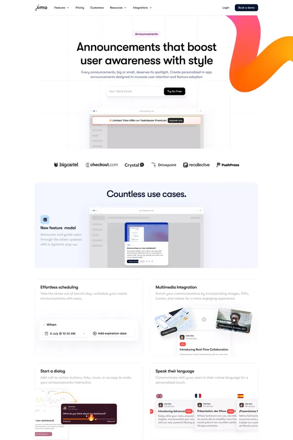 Boost Engagement with Jimo In-App Announcements - Landing design inspiration