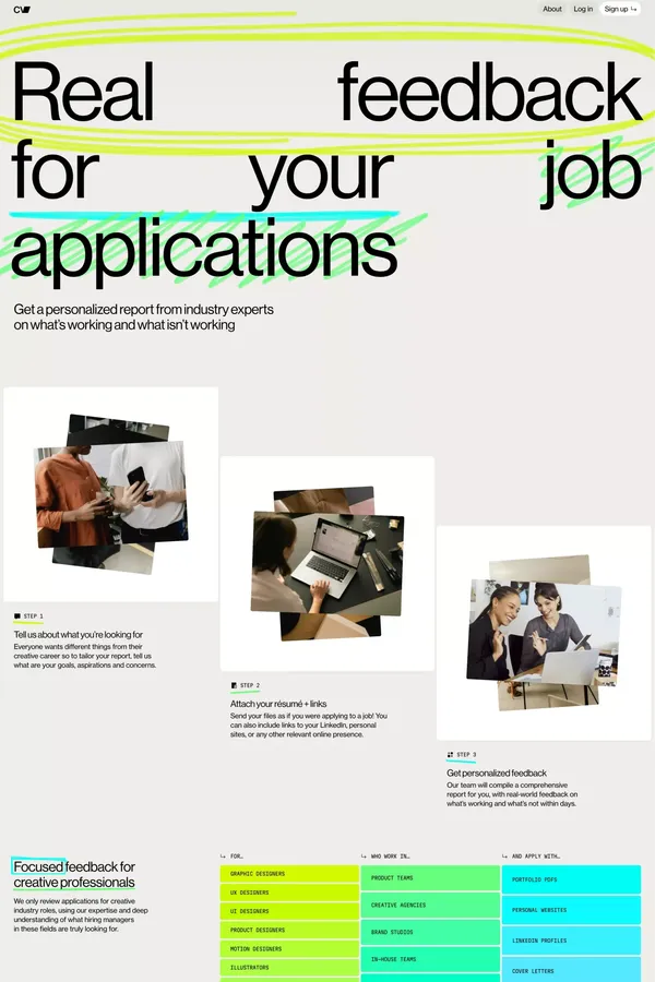 Real feedback for creative industry job applications | SuperHi.cv - Landing design inspiration