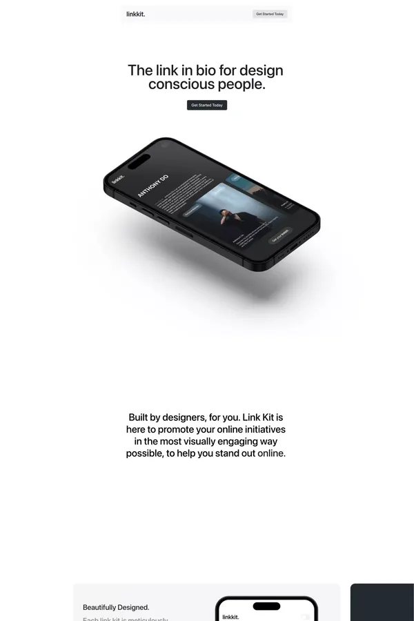 The link in bio for design conscious creatives. | Link-Kit - Landing design inspiration