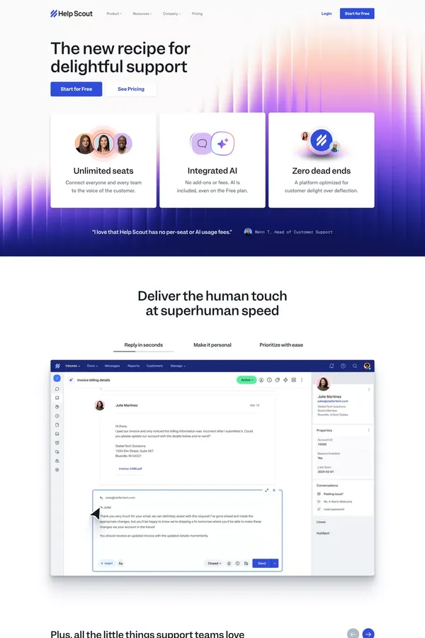 Help Scout: Shared Inbox, Help Center, & Live Chat Software - Landing design inspiration
