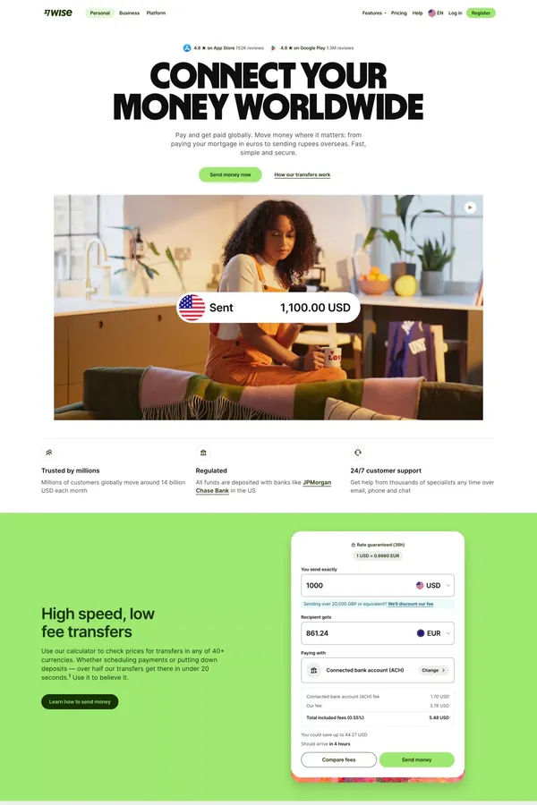 Wise: The international account | Money without borders | Wise Germany - Landing design inspiration