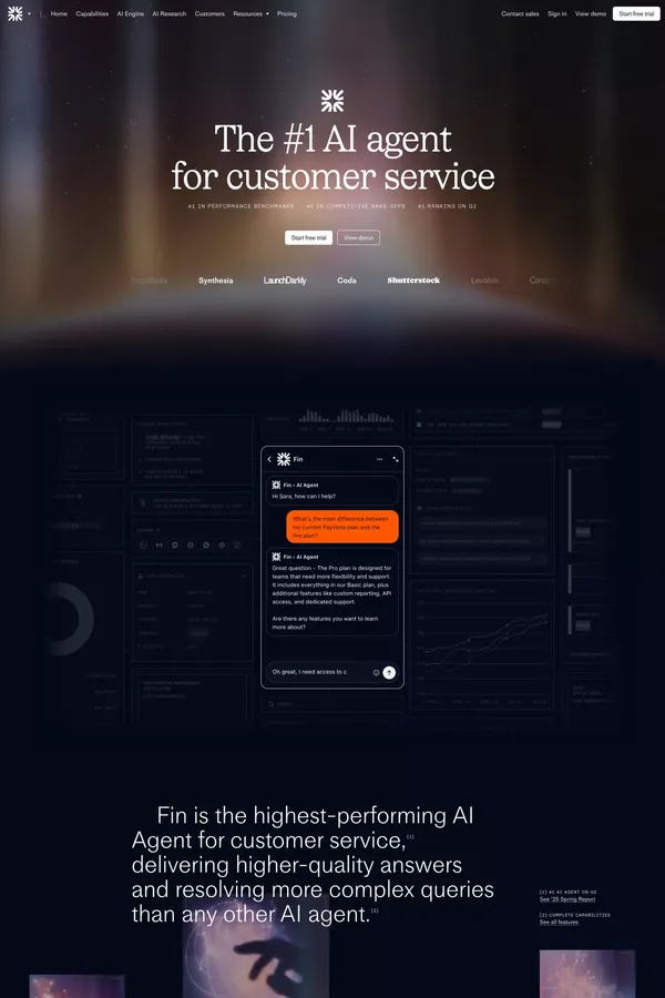 Fin. The #1 AI agent for customer service - Landing design inspiration
