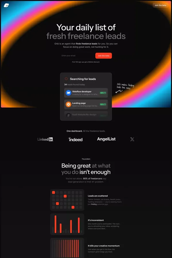 Orbi | The easiest way to find freelance leads - Landing design inspiration