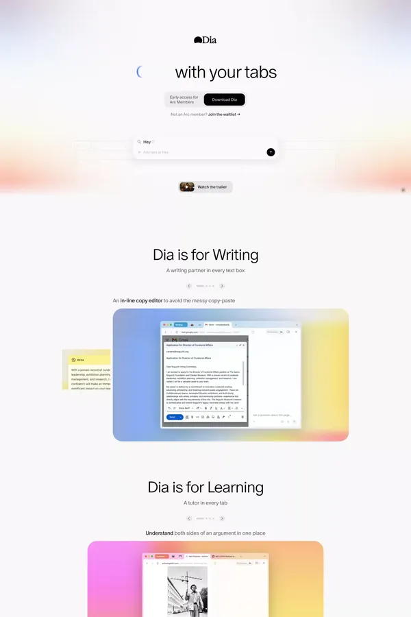 Meet Dia – the AI Browser Where You Can Chat with Your Tabs - Landing design inspiration