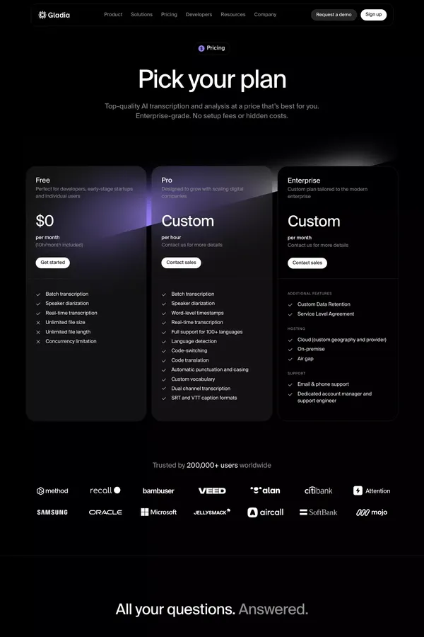 Gladia - Pricing - Pricing design inspiration
