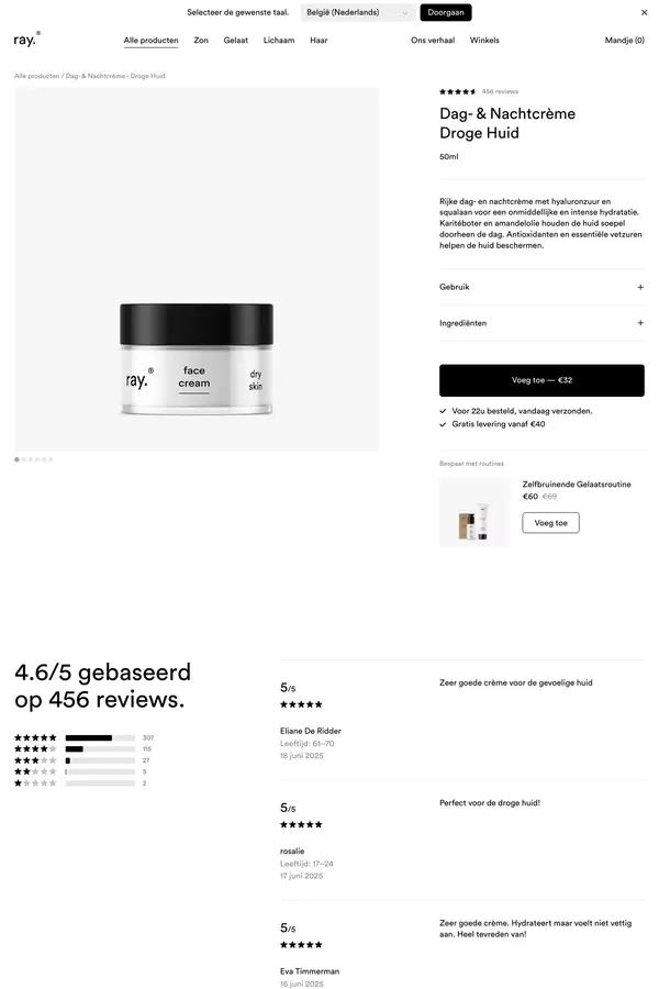 Dag- & Nachtcrème - Droge Huid | Ray - Product page design inspiration
