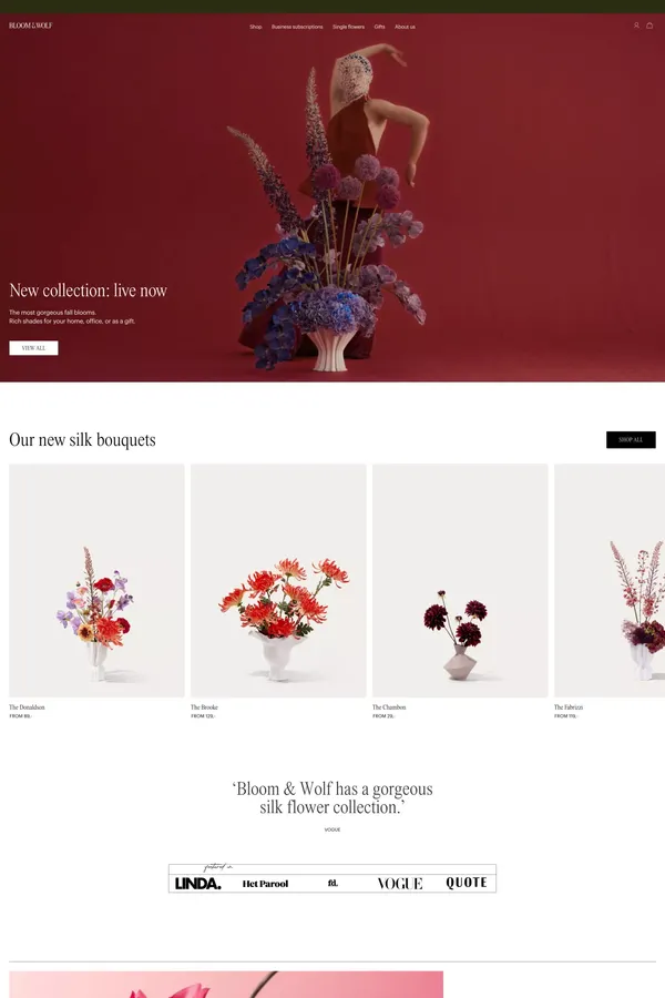Bloom & Wolf | Leider in luxe zijden bloemen - Ecommerce design inspiration
