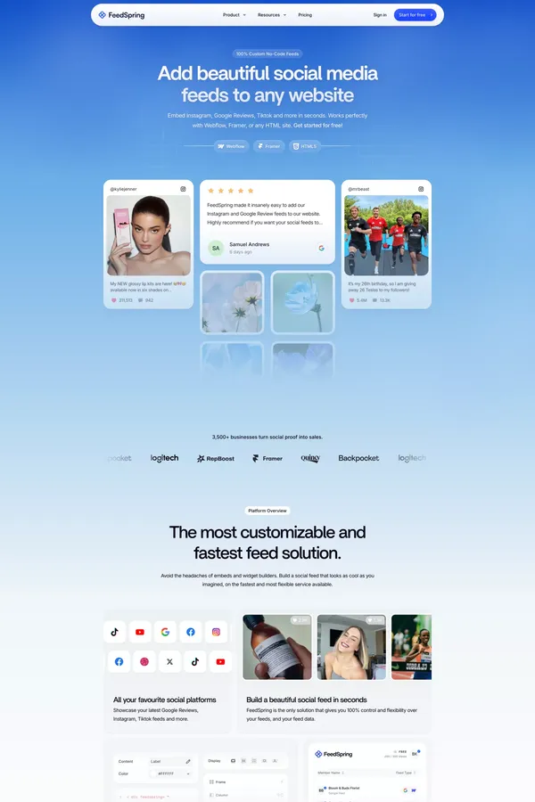 Social Feeds for Webflow, Framer, and HTML | FeedSpring - Landing design inspiration