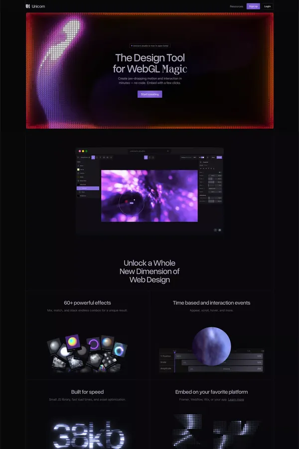 unicorn.studio — No-code WebGL Tool - Product page design inspiration