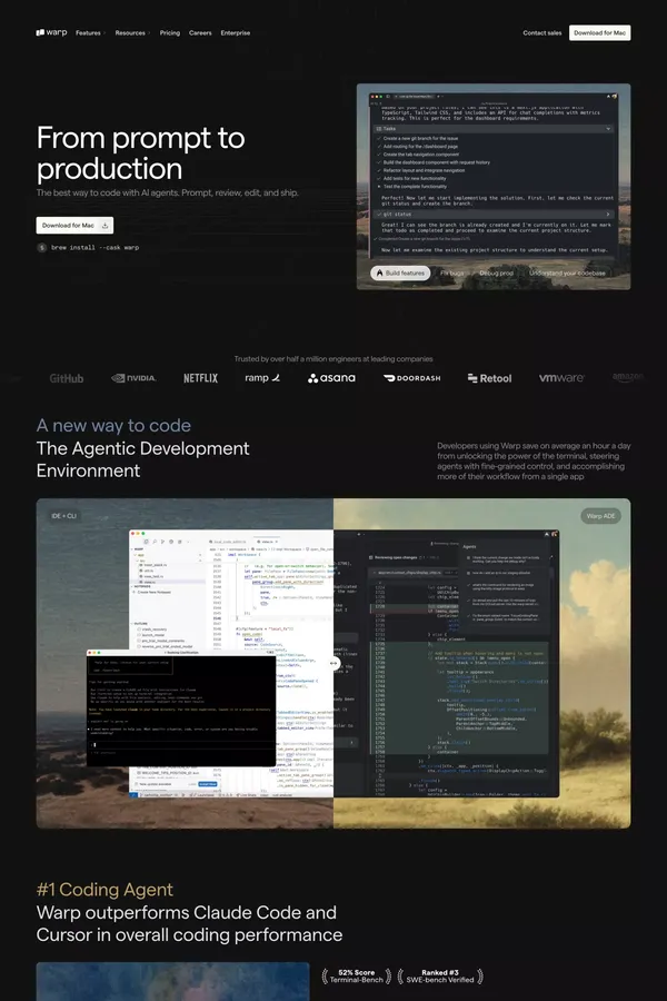 Warp: The Agentic Development Environment - Landing design inspiration