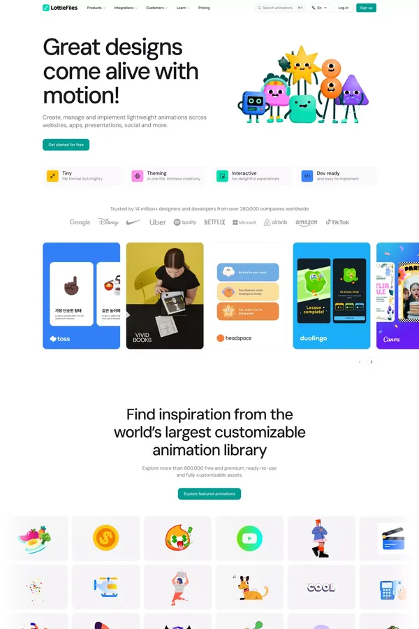 LottieFiles: Download Free lightweight animations for website & apps. - Landing design inspiration