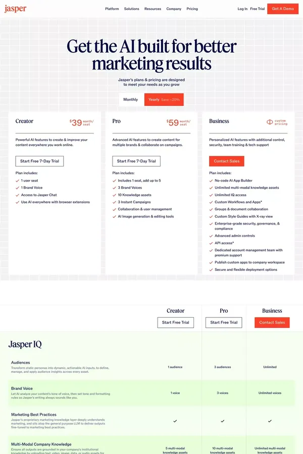 Plans & Pricing | Jasper - Pricing design inspiration