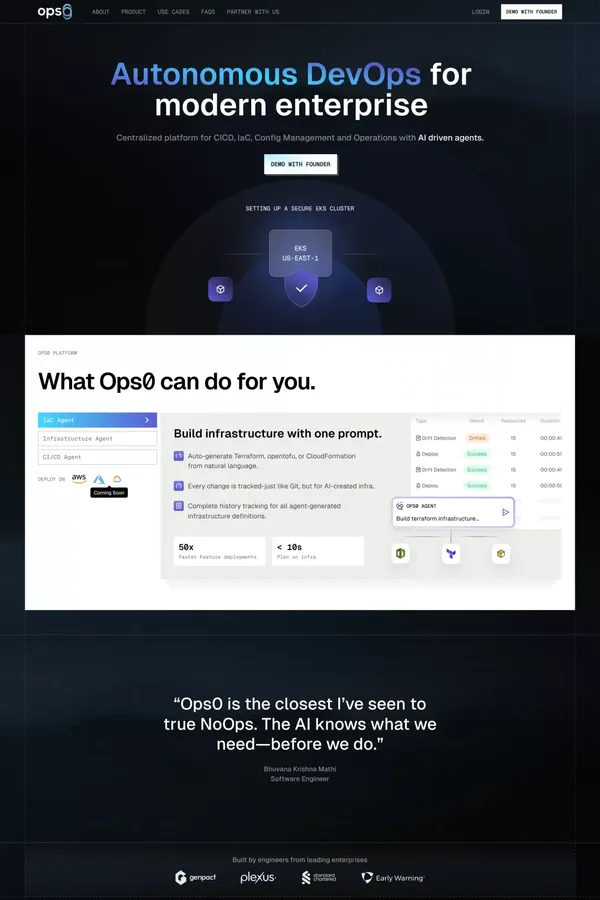 Ops0 - AI Agent for DevOps, Cloud & CI/CD Automation - Landing design inspiration