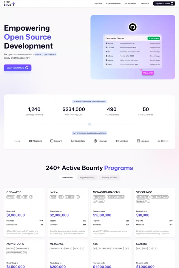 Code Bounty | Reward Open Source Contributors & Fix Issues Fast - Landing design inspiration