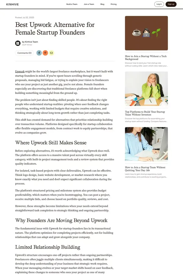 Best Upwork Alternative for Female Startup Founders | Kinhive - Blog Post design inspiration