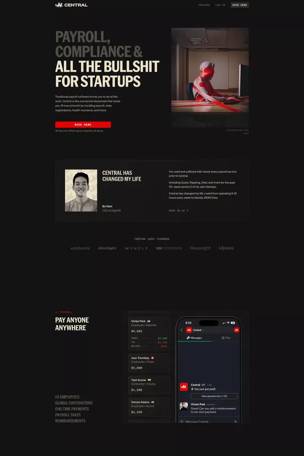 Central - Payroll, benefits & state compliance for startups - Landing design inspiration