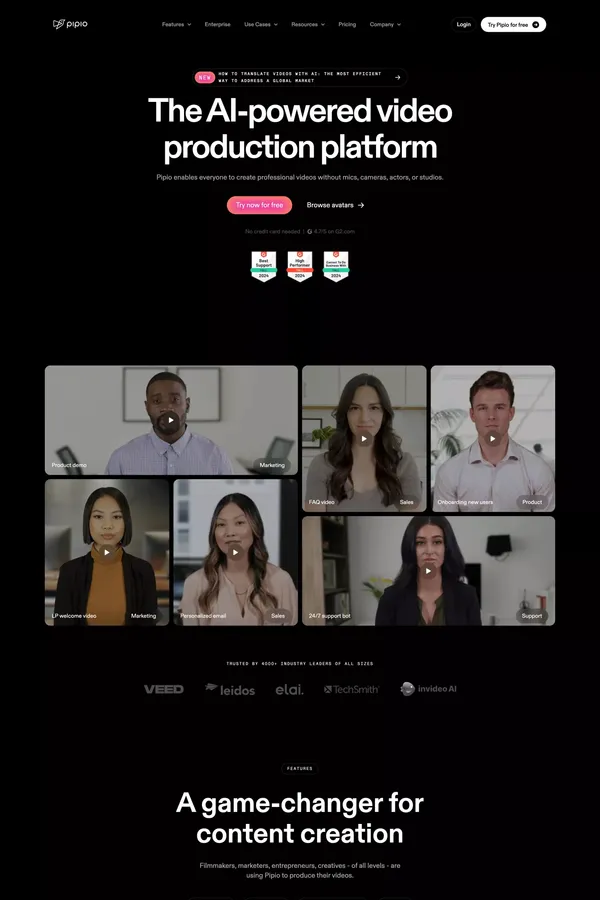 Pipio | The AI-powered video production platform - Landing design inspiration