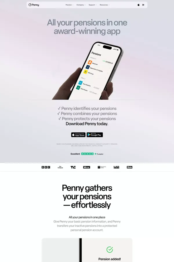 Penny Pension - All Your Pensions In One App - Landing design inspiration