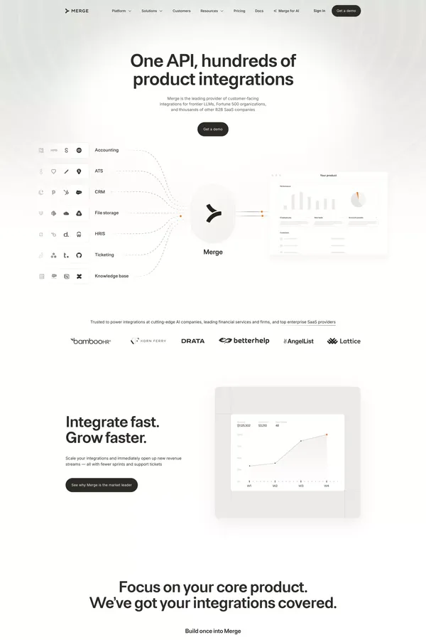 Merge - One Unified API for all HR, Payroll, Accounting, Ticketing, CRM, ATS, and File Storage Integrations. - Landing design inspiration