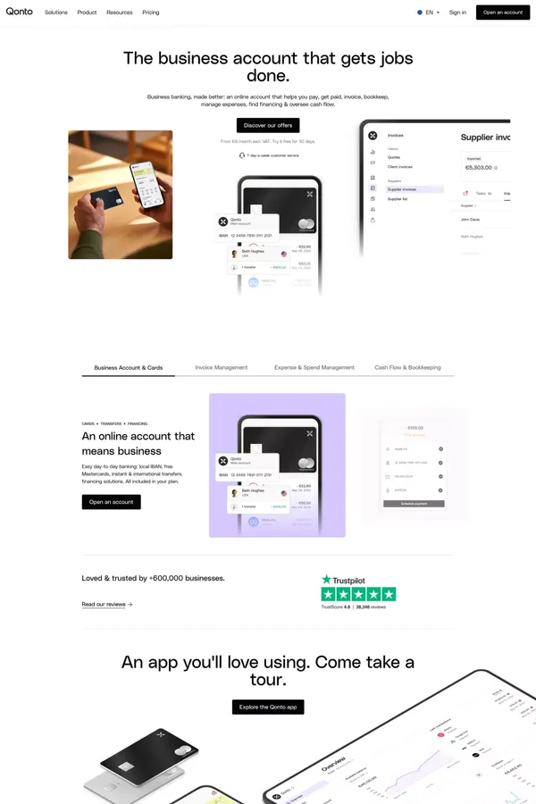 Manage all your finances from your Qonto business account - Landing design inspiration