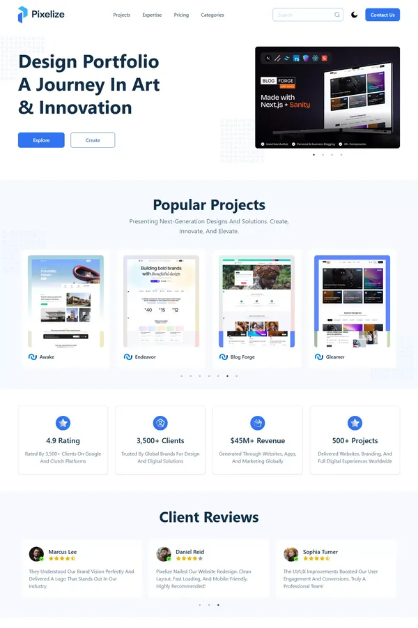 Pixelize Design Portfolio Nextjs Template Simple, Stylish & Free - Landing design inspiration