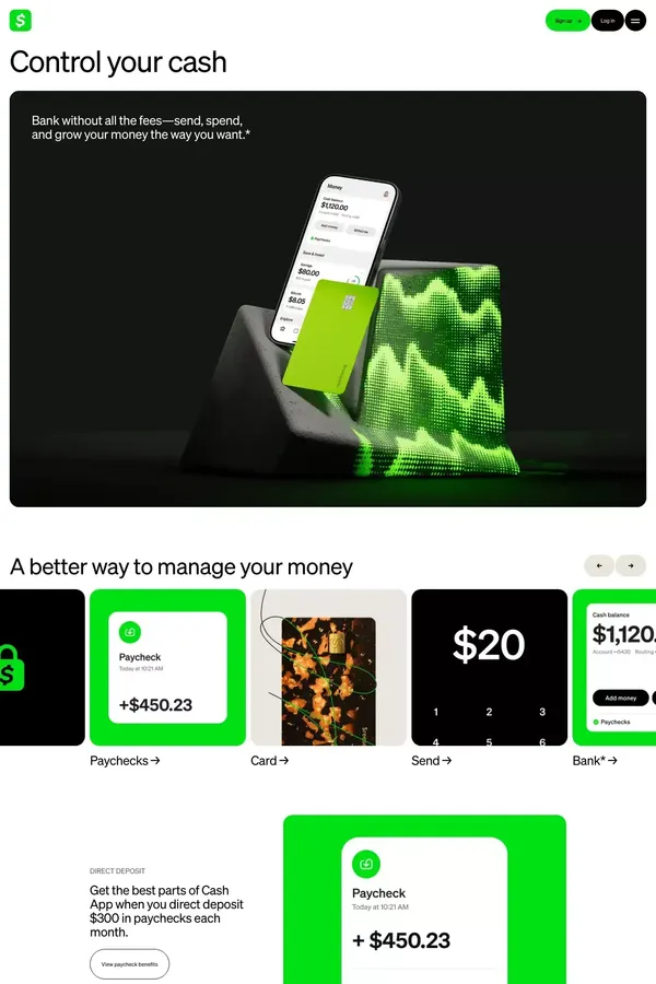 Send, Receive, Invest, & Manage Your Money with Cash App - Landing design inspiration