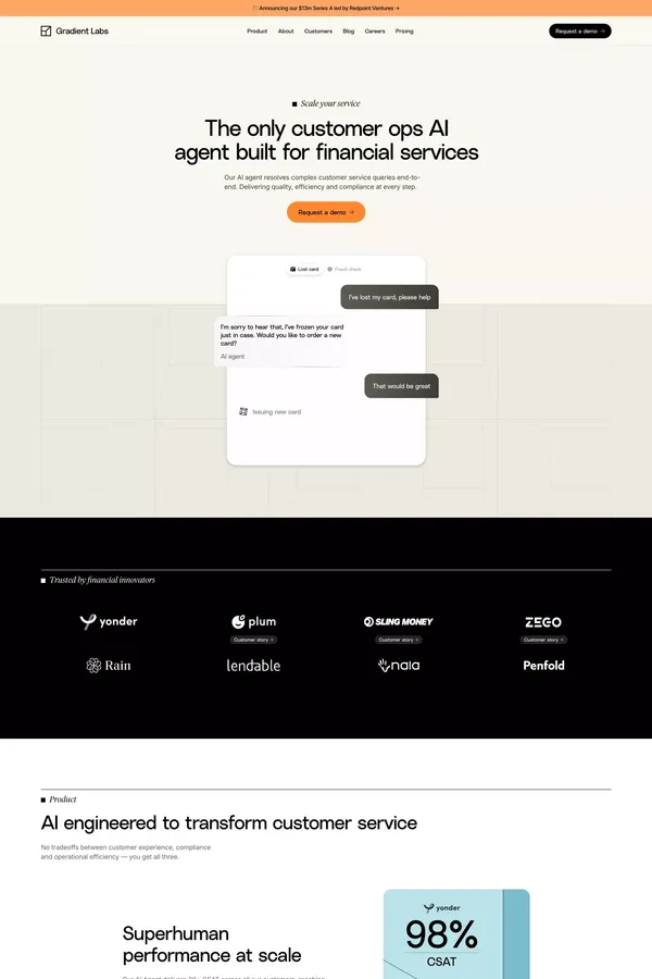 Gradient Labs Â· The only customer ops AI agent built for financial services - Landing design inspiration