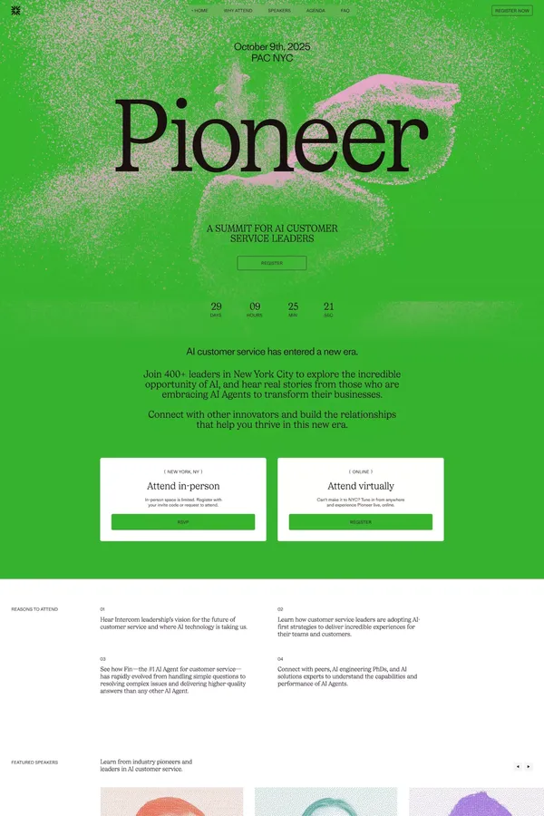 Pioneer by Fin | A summit for AI customer service leaders - Landing design inspiration