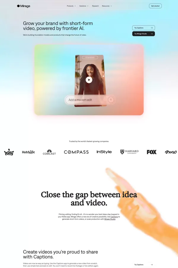 Mirage AI Video | Make Your Best Ideas Possible - Landing design inspiration