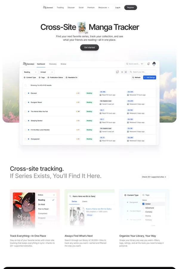 Kenmei | Cross-site manga tracker - Landing design inspiration