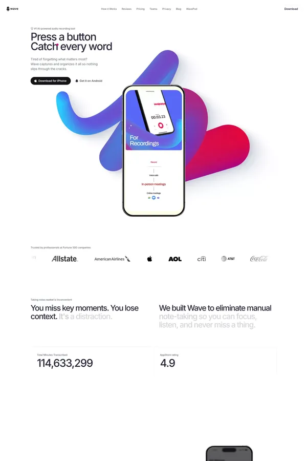 Wave - AI Note Taker - Landing design inspiration