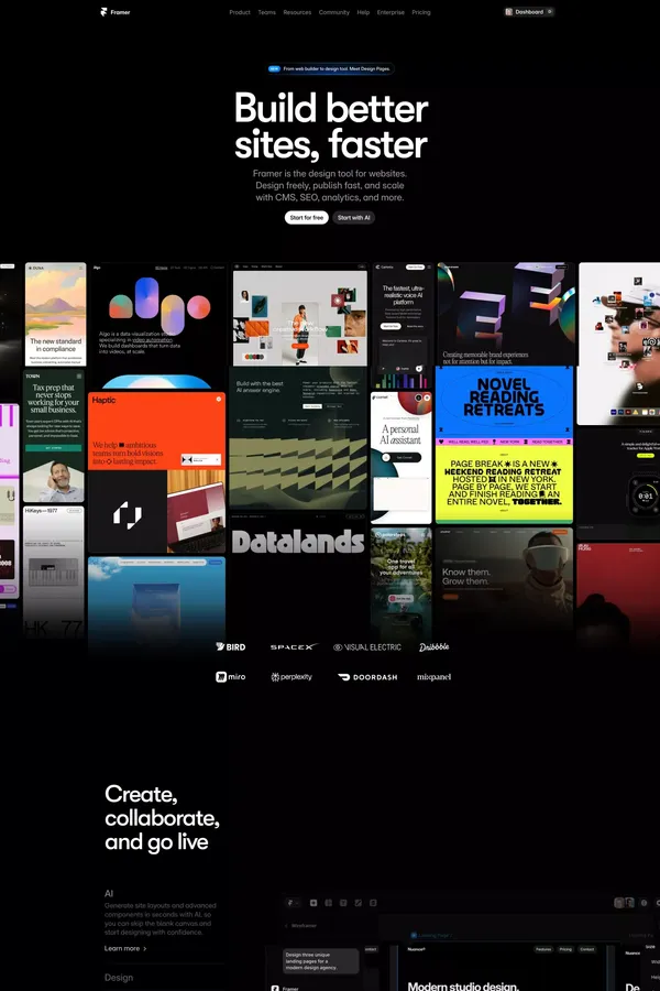 Framer: Create a professional website, free. No code website builder loved by designers. - Landing design inspiration