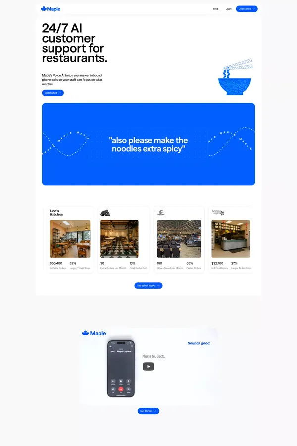 Maple | Voice AI That Answers Calls & Takes Orders for Restaurants - Landing design inspiration