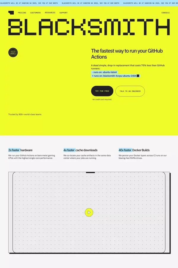 The Fastest Way to Run GitHub Actions | Blacksmith - Landing design inspiration